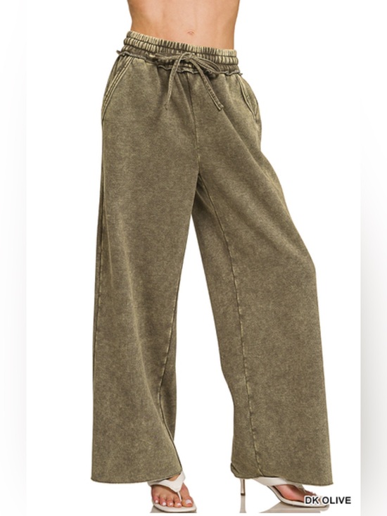 Zenana Outfitters Pants - Zenana Dk Olive Acid Wash Fleece Palazzo Sweatpants with Pockets
